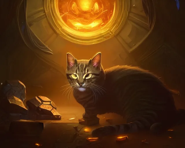 Image similar to a 4 k cinematic screenshot still portrait of a cat in a dark liminal space room surrounded by amber glow, deep focus, d & d, fantasy, intricate, elegant, highly detailed, digital painting, art station, concept art, matte, sharp focus, illustration, dark fantasy style art, hearthstone, art by artgerm and greg rutkowski and alphonse mucha