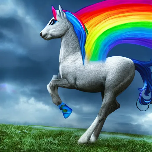 Image similar to Rainbow Dash, Equine Photography, Pegasus, Light-blue coat with rainbow mane and tail, realistic 4k