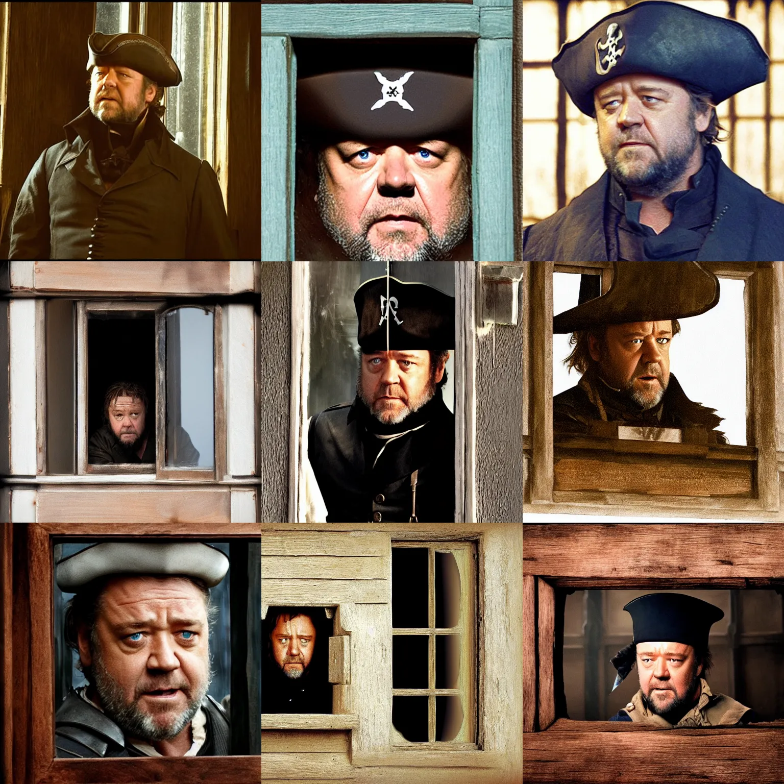 Prompt: gif, russell crowe as javert with large wide pirate captain hat peering out concerned down to camera from a small glass window in a wooden wall, 2 0 1 2