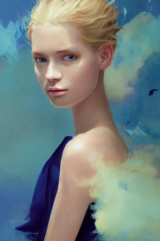 Image similar to an epic painting of a young woman, flowing golden blonde hairstyle, cornflower blue eyes, subject wearing a navy blue dress, flowing, ornate, kawaii, beautiful, coral red, mint, taupe, with few baby blue highlights, cinematic light, volumetric shading, by Greg Rutkowski and Jeremy Mann, trending on Artstation, 80mm lens, oil on canvas