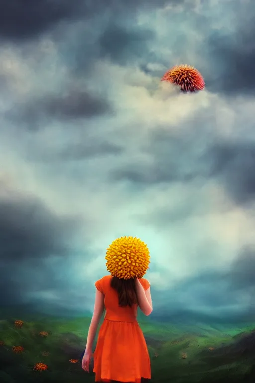 Image similar to closeup perspective, giant dahlia flower as head, girl standing on mountain, surreal photography, blue storm clouds, dramatic light, impressionist painting, digital painting, artstation, simon stalenhag