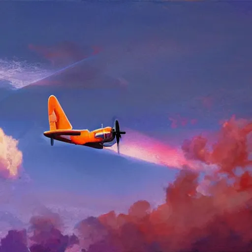 Image similar to a wwii plane flying throw the sky, beautiful colourful clouds illuminated by a purple sun, and a orange sun, trippy clouds, psychedelic sky, colourful by craig mullins