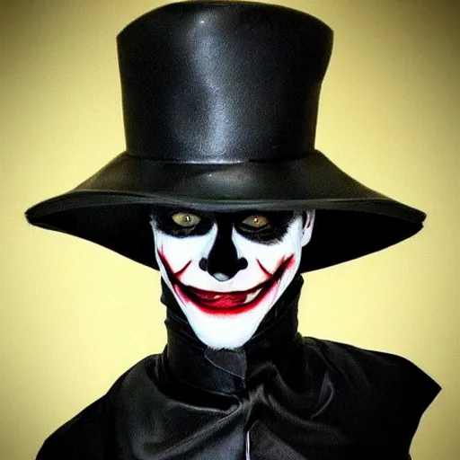 Image similar to a cat wearing a black leather hat in joker makeup, frontal view, cool looking