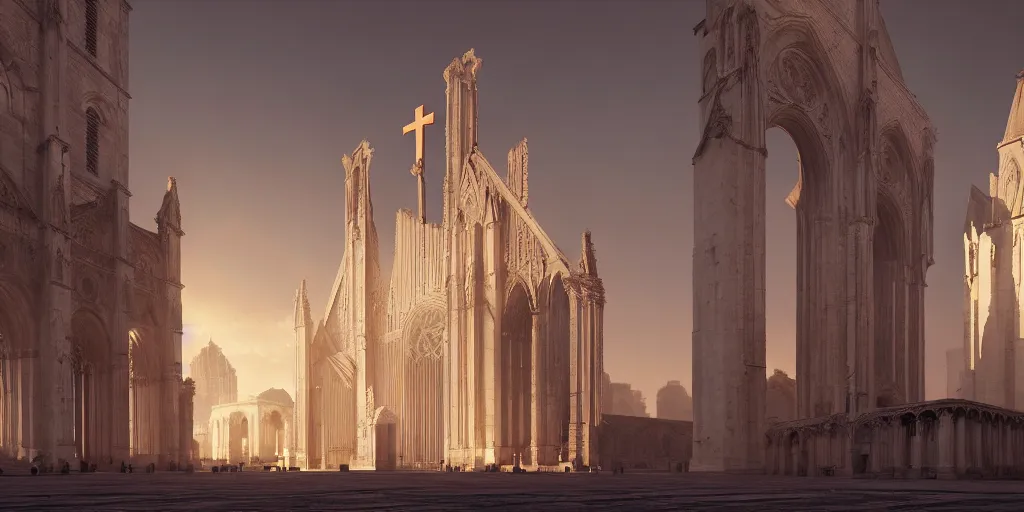 Image similar to roman cathedral with a monolithic cross in the middle, by tim blandin and arthur haas and bruce pennington and john schoenherr, big windows architecture by zaha hadid, octane render, warm colour scheme, white, cinematic, scenery, cgsociety, modernism, futuristic, trending on artstation, sci - fi, high detail, high quality, close up angle