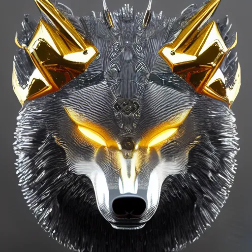 Image similar to chrome and gold wolf, glossy, metallic, neon, symmetrical, tribal patterns, realistic, unreal engine, octane, redshift, artstation, behance