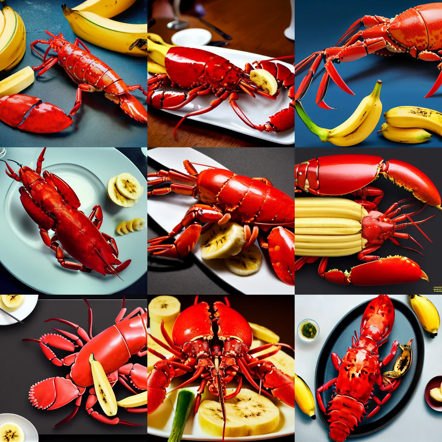 Prompt: lobster eating banana, hyper realistic, high detail, 8 k,