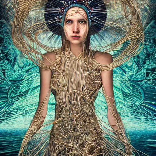 Image similar to give me a higher love, piles of modular synth cables, puerto rican goddess swimming up wearing a headpiece made of circuit boards, by cameron gray, wlop, stanley kubrick, masamune, hideki anno, jamie hewlett, unique perspective, trending on artstation, 3 d render, vivid