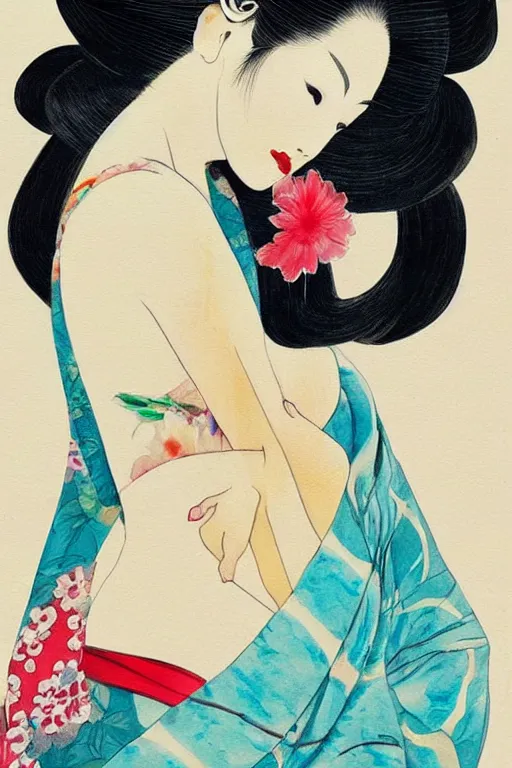 Image similar to extremely sensual geisha full body, one uncovered shoulder, different point of view, digital art, 8k, character, realistic, portrait, photorealism, japan watercolour, masterpiece art