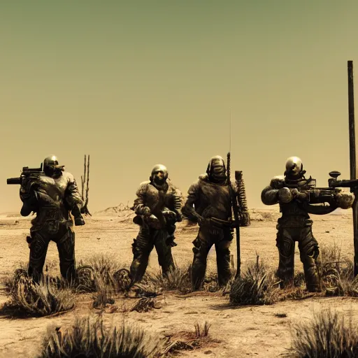 Image similar to cinematic shot of a group of fallout NCR soldiers holding rifles standing outside of a gas station in the desert, 8k, dslr, depth of field,