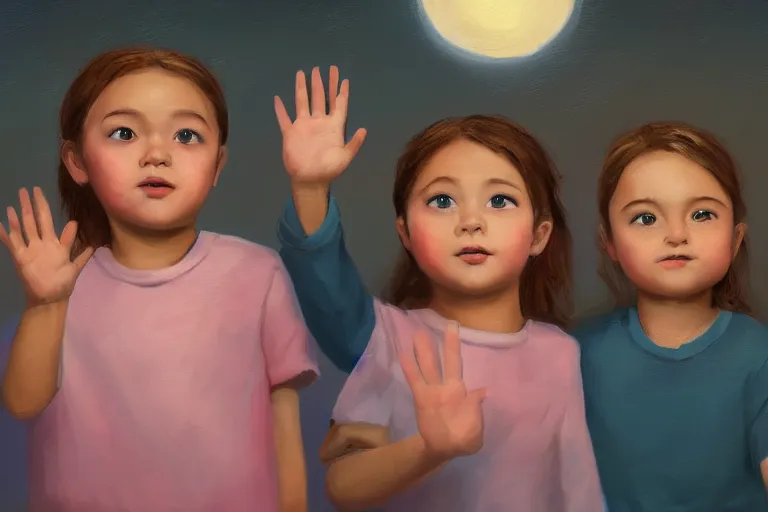 Prompt: portrait painting of cute little kids waving their hands, full body framing, dreamy matte colors, night time, photorealistic faces and skin tones, volumetric lighting, smooth, trending on artstation, moonlit backdrop, 4 k