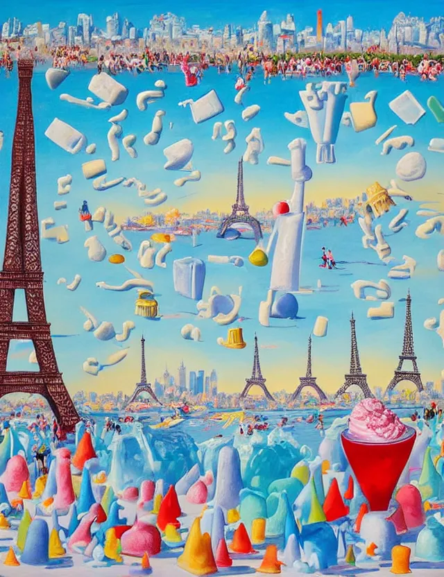 Prompt: a funny painting of ice sculptures made of icecream in the shape of the skyline of paris and eiffel tower on a very bright sunny summer day, very hot and the ice is melting fast and people are swimming their way through the icecream in the style of james jean and fernando botero