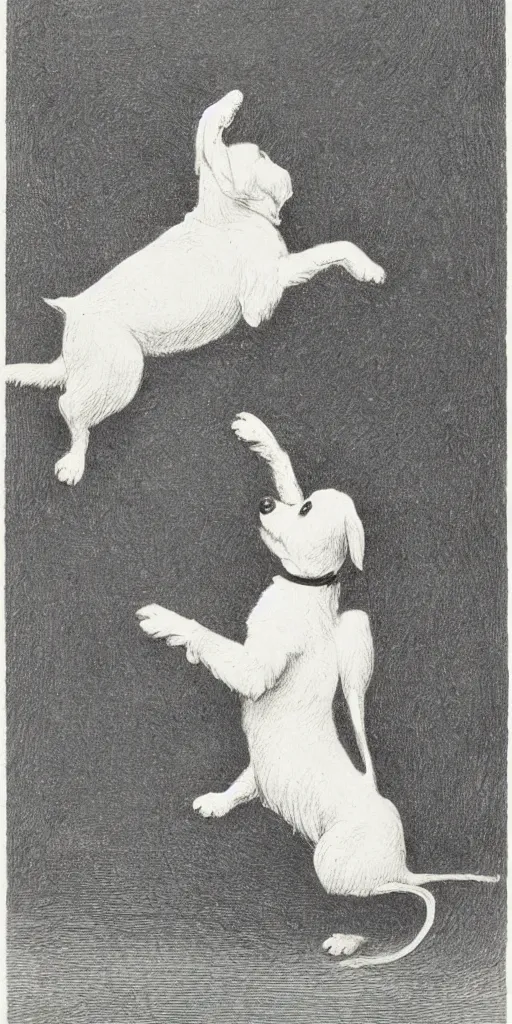 Image similar to jack russel dog looking up, silhouette, highly detailed illustrated by peggy fortnum and beatrix potter and sir john tenniel