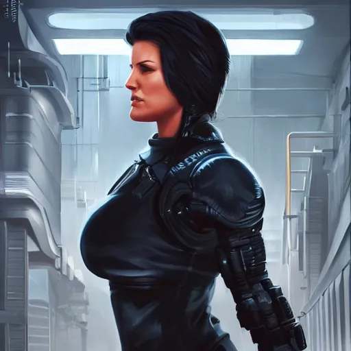 Image similar to gina carano with robotic left arm, casual black clothing, casual pose, large portrait, cyberpunk, digital painting, artstation, concept art, smooth, 8 k frostbite 3 engine, ultra detailed, art by artgerm and greg rutkowski and magali villeneuve