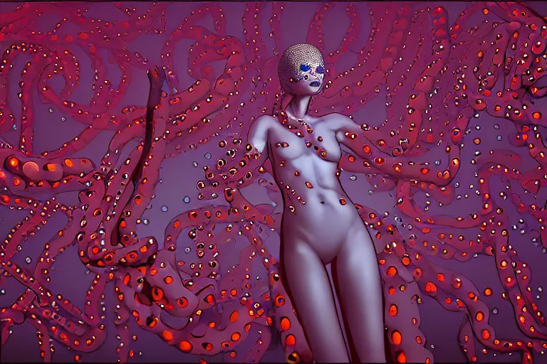 Image similar to a female body with octopus suction cups by yayoi kusama rending on cgsociety, retrofuturism, reimagined by industrial light and magic, darksynth, sci - fi