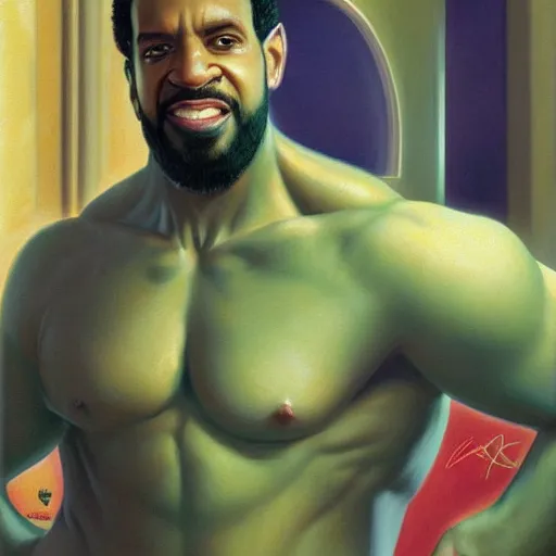 Prompt: light skin muslim incredible hulk, short hair, goatee beard, long face, craig david, looking in the mirror, digital art, tim hildebrandt