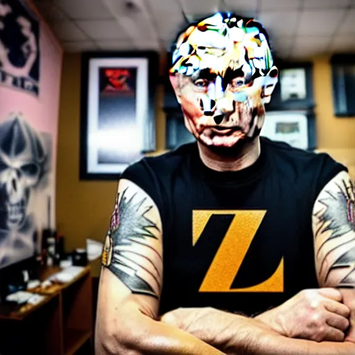 Prompt: putin at a tattoo shop. had a single tattoo of the letter z on his chest. canon eos r 3, f / 1. 4, iso 2 0 0, 1 / 1 6 0 s, 8 k, raw.