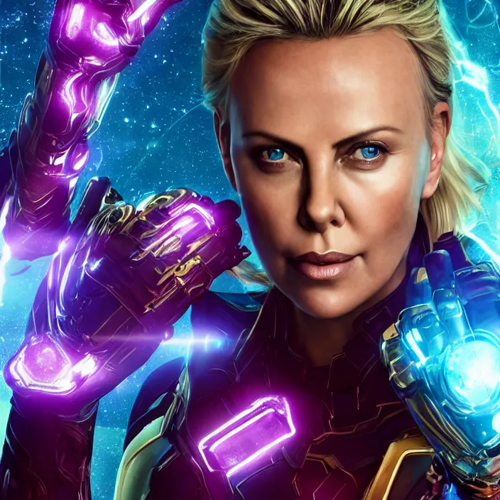 Image similar to portrait of ((Charlize Theron)), wearing The Infinity Gauntlet. SNAP. intricate artwork. octane render, trending on artstation, very coherent symmetrical artwork. avengers. thanos. cinematic, hyper realism, high detail, octane render, 8k, iridescent accents