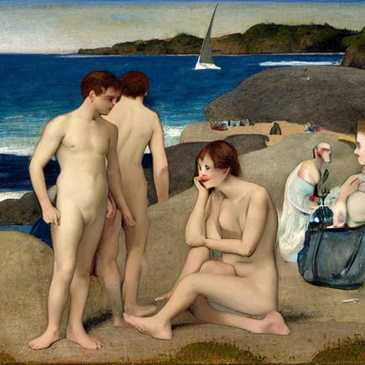 Prompt: young men by the beach by Puvis de Chavannes