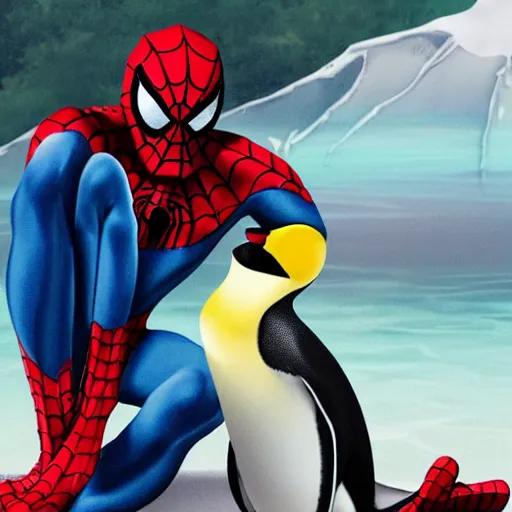 Image similar to spider man in a romantic dinner with an emperor penguin