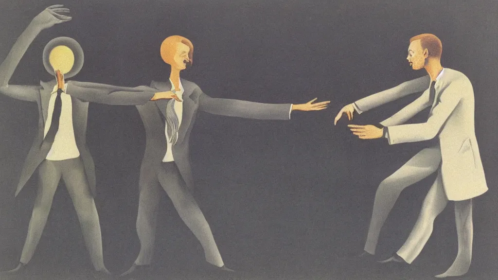 Prompt: A vintage scientific illustration from the 1970s of a man dancing with the grim reaper by René Magritte