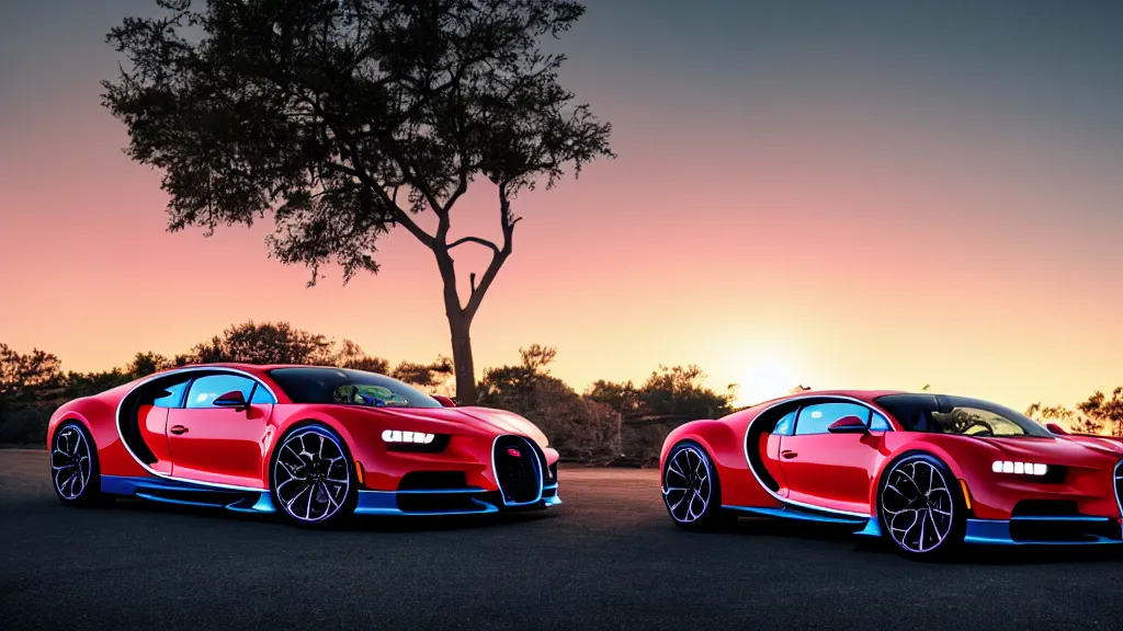 Image similar to synthwave bugatti chiron at sunset