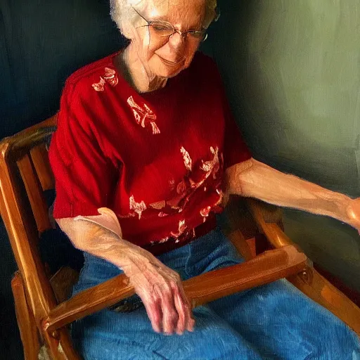 Image similar to painting in the zandinsky style of a grandmother sitting in a rocking chair, surrounded by her grandchildren, while she tells them a story, hiperrealism, artstation