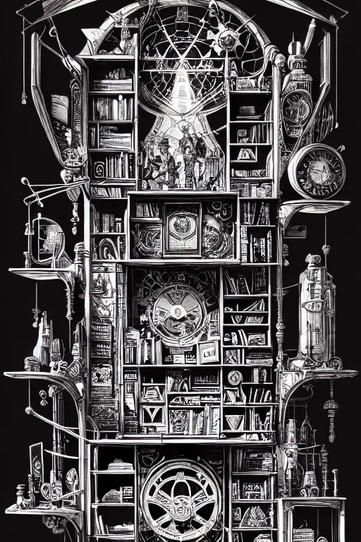 Image similar to a majestic steampunk alchemists bookshelf, two point perspective, furniture, high details, bold line art, by vincent di fate and joe fenton, inking, etching, screen print, masterpiece, trending on artstation, sharp, high contrast, hyper - detailed,, hd, 4 k, 8 k