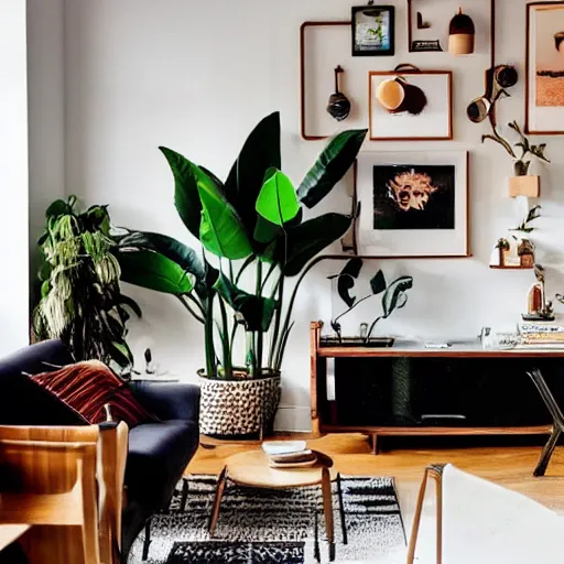 Image similar to living room interior design with style of japandi, light, ikea, warm wood, urban jungle plants, functional, music, art wall, music instruments, music records