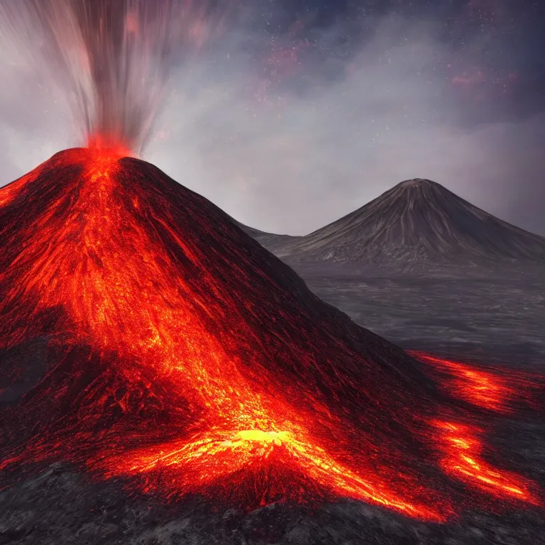 Image similar to a volcanic eruption looks like a beautiful mountain, from which flowers and stars, exotic plants come out instead of lava, all this happens in some kind of fantasy world, almost like in the sky or all in the amazing outdoors view, long exposure, 8 k resolution, trending on artstation