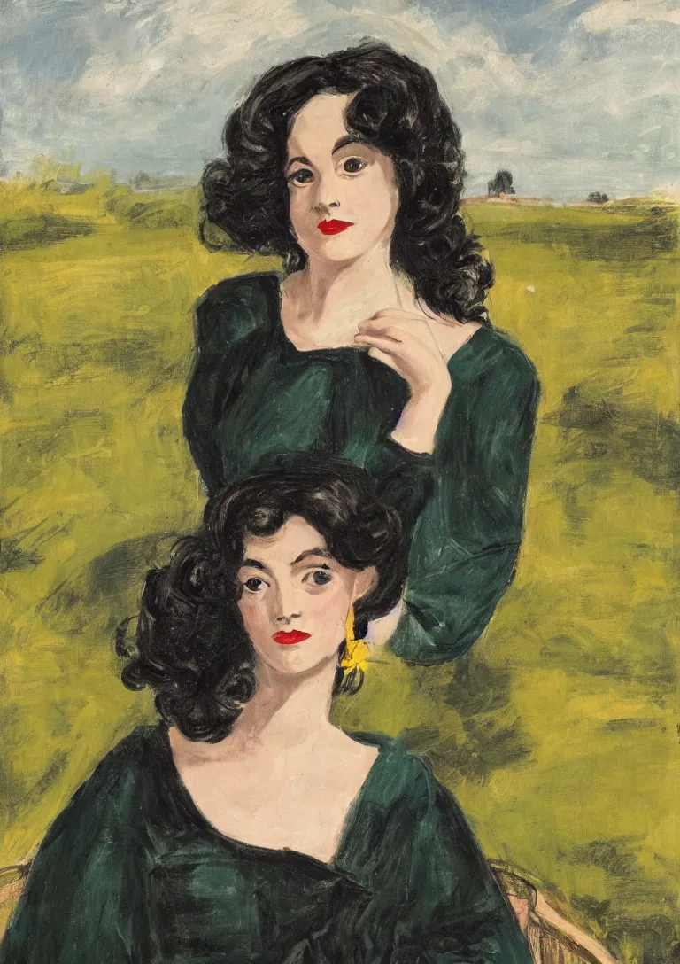 Image similar to a portrait of a young woman from the fifties, seated in front of a landscape background, her black hair is a long curly, she wears a dark green dress pleated in the front with yellow sleeves, puts her right hand on her left hand, mannerism