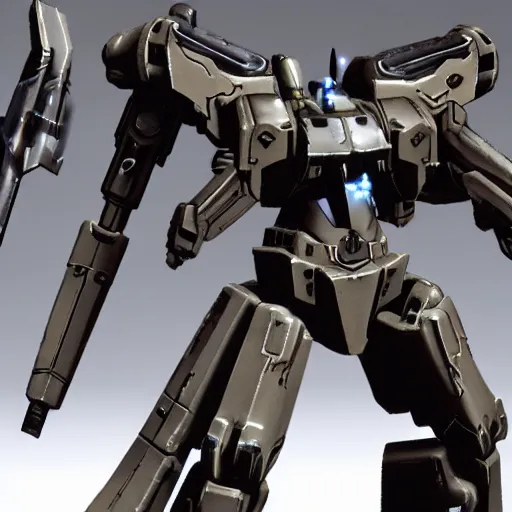 Image similar to cinematic still in ps 5 armoredcore 6, one slim full body ornate armored core with sci - fi rifle arms by fujioka kenki and by mamoru nagano,