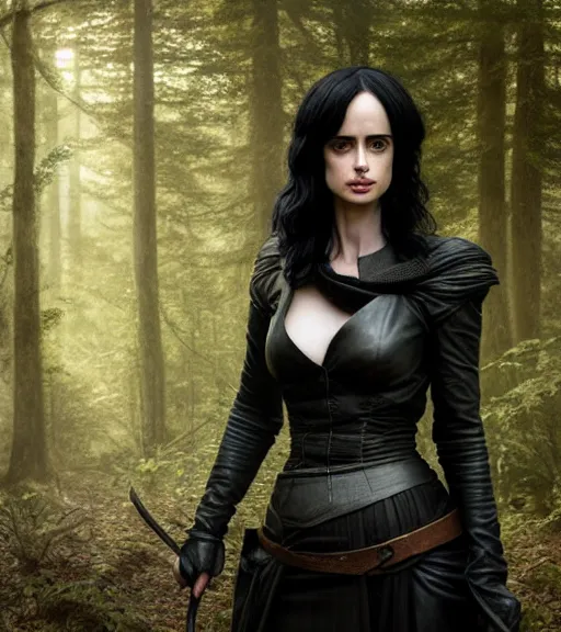 Image similar to 5 5 mm portrait photo of krysten ritter as yennefer of vengerberg in black leather armor and black hair, in a forest. magical atmosphere. art by greg rutkowski. lifelike. very detailed 8 k. intricate. soft light. nikon d 8 5 0.