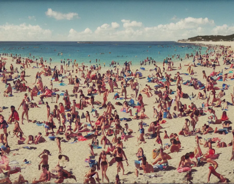 Prompt: crowded spanish holiday beach, an obese grey woman ten feet tall with giant crab claws emerging from the sea, david curtis, rick berry, alex horley, character art arstation, colour polariod photo