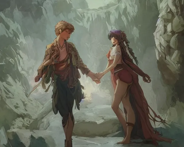 Image similar to a cinematic boy girl traditional romance moment, exploring the caves boho clothing, full body illustration, bestselling movie art poster, official media, 1970s fashion, dynamic lighting official anime media, incredible art by artgerm and greg rutkowski