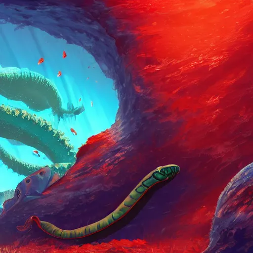 Prompt: underwater view of a strange alien world, some washed out red and green plant life, giant leviathan swimming far in the background, deep blue sea color, artstation