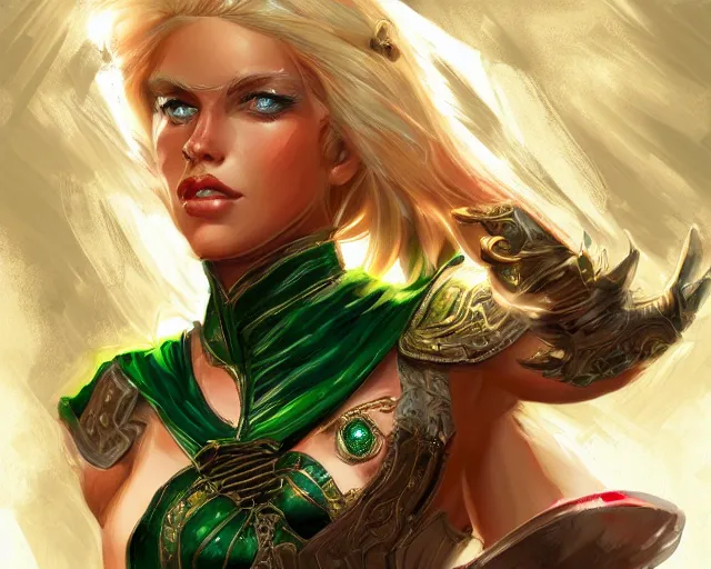 Prompt: A sexy blonde emerald warrior, illustration, in the style of Fernando Juarez, epic, fantasy, intricate, elegant, amazing detail, digital painting, artstation, concept art, smooth, sharp focus, illustration