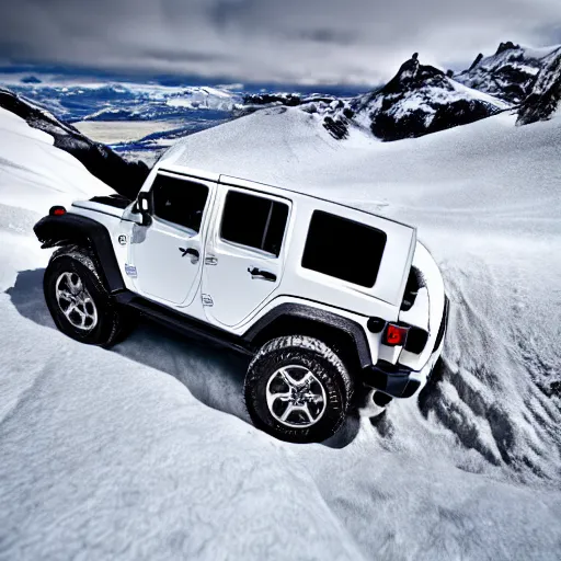 Prompt: white jeep wrangler driving up snow covered mountain on edge of a cornice, dramatic lighting, cinematic, photo realism