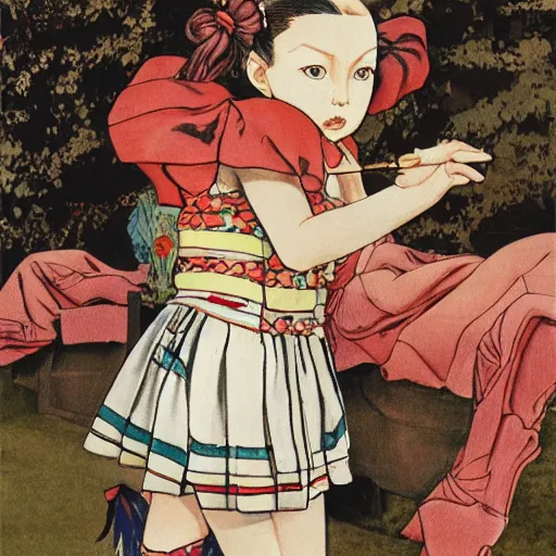 Image similar to little girl wearing an gucci's outfit. art made by hirohiko araki, inspired by balthus, highly detailed, realistic,