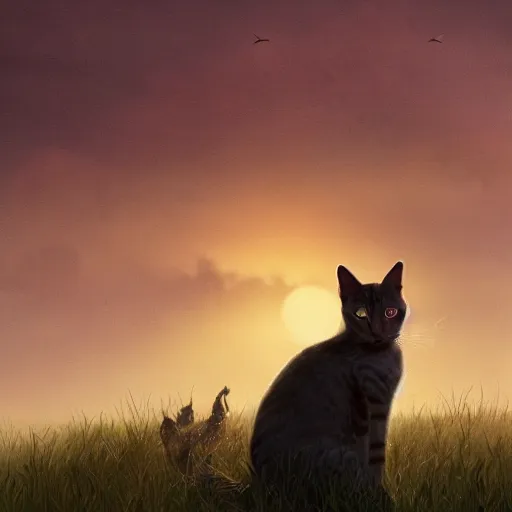 Prompt: cinematic shot of a stray cat who is brown standing on a hill looking to the horizon sunset stars digital painting, artstation, concept art, soft light, hdri, smooth, sharp focus, illustration, fantasy, intricate, elegant, highly detailed, D&D, matte painting, in the style of Greg Rutkowski and Alphonse Mucha and artemisia, 8k, highly detailed, jurgens, rutkowski, bouguereau, pastoral, rustic, georgic