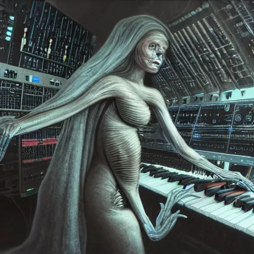 Image similar to huge audio production station interconnected with human female in the style of h.r. giger, keyboards, synthesizers, airbrush, canvas, biomechanical, surreal, nightmarish, cold, 8k, highly detailed, ultra-realistic, octane render,