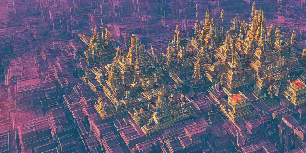 Prompt: A trending digital art of an aerial shot of a cyberpunk style grand Hindu temple in a futuristic city