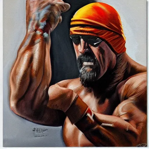 Image similar to wrestler hulk hogan, photorealistic, ring of fire, painted by phil hale