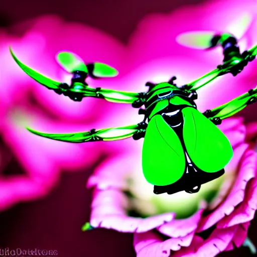 Prompt: rose chafer with quadcopter drone wings creating turbulence above rose flowers black background