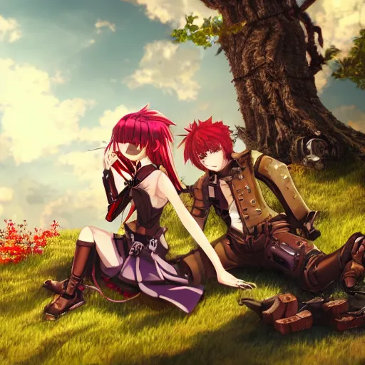 Prompt: robotic steampunk anime girl with steampunk wings sitting next to a guy with red hair in front of a tree, extremely detailed, cinematic lighting, vast landscape background, clouds, flowers,