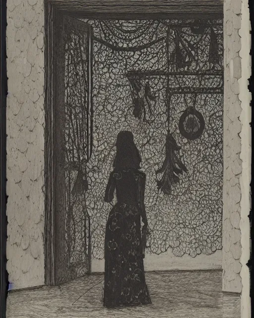 Image similar to a woman standing in a doorway, made of intricate decorative lace leaf skeleton, in the style of the dutch masters and gregory crewdson, dark and moody