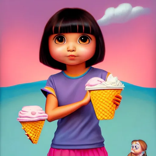 Image similar to dora the explorer as real girl holding ice cream, Pop Surrealism lowbrow art style, by Mark Ryden, artstation