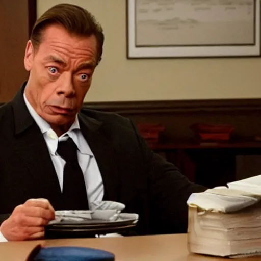 Prompt: Jean Claude Vandamme as Stanley on the office, cinematic still, high quality,