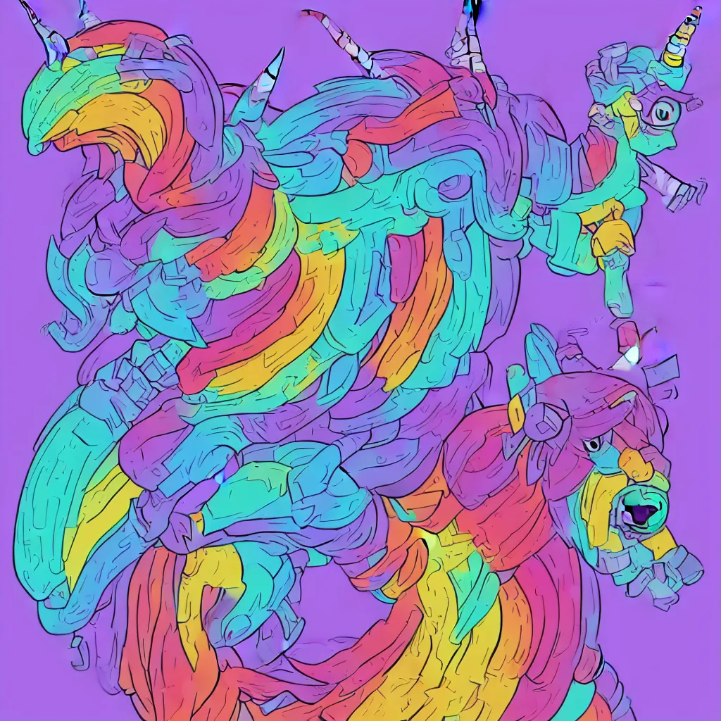 Image similar to Rainbow Robot Unicorn profile picture for social media sites. Limited palette, crisp vector lines