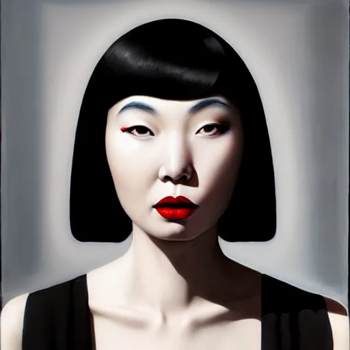 Prompt: a woman with black hair and a red lipstick, a photorealistic painting by wang duo, featured on cg society, photorealism, behance hd, ultrafine detail, high detail, beauty campaign, photoshoot