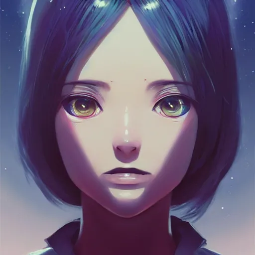 Image similar to A potrait of an alien with big and cute eyes, fine-face, realistic shaded perfect face, fine details. Night setting. Very anime style. Realistic shaded lighting poster by Ilya Kuvshinov katsuhiro, magali villeneuve, artgerm, Jeremy Lipkin and Michael Garmash, Rob Rey and Kentarõ Miura style, trending on art station